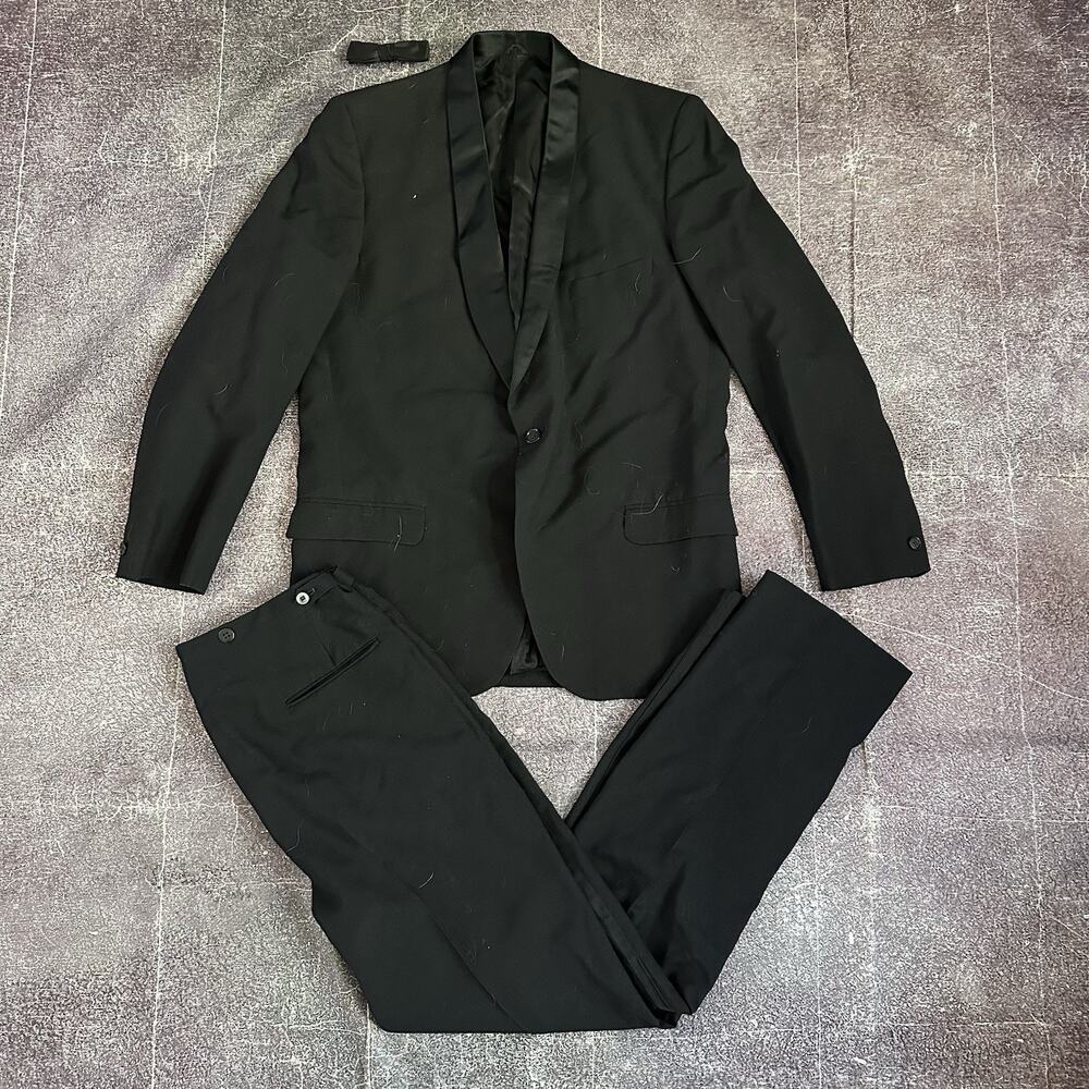 Men's Vintage 70's First Nighter Black Full Tuxedo Jacket Pants Bowtie Set Sz 38